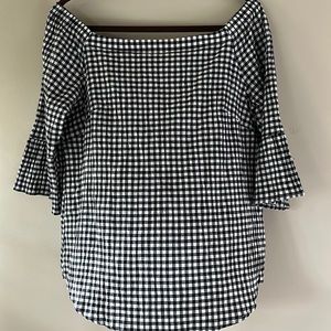 NWOT WHBM black and white, check cotton off shoulder shirt with 3/4 bell sleeves